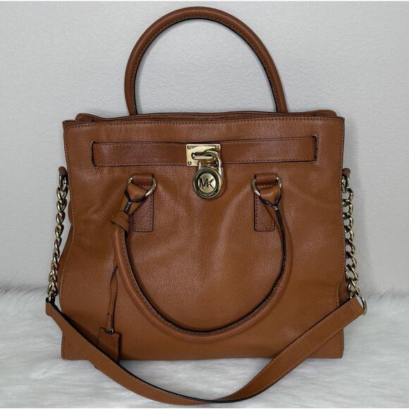 Michael Kors Hamilton Satchel Tote Brown Leather Gold Lock Vintage 2000s Bag - Picture 1 of 11